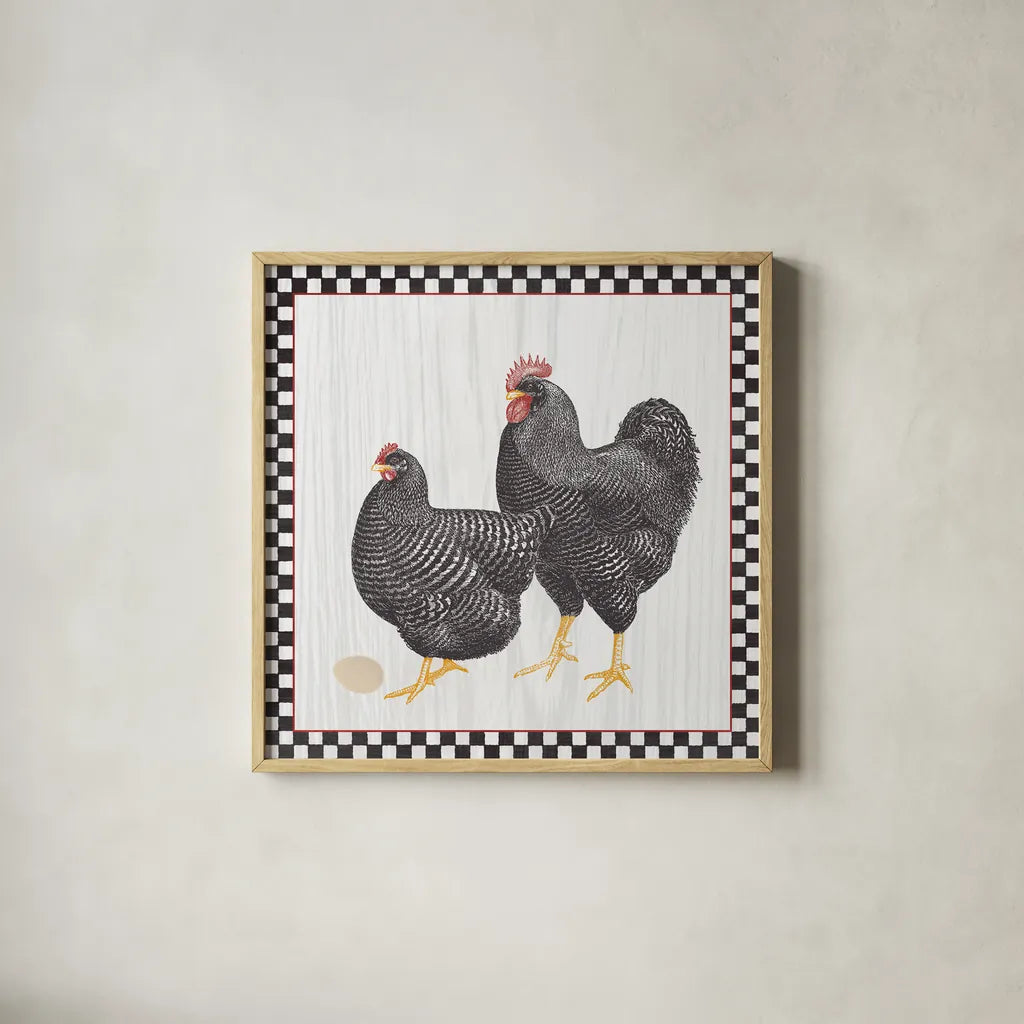 Home to Roost II by Wild Apple Portfolio. Shown in a natural wood glass frame for a timeless modern aesthetic. Available as an archival giclee rolled canvas, fine art paper, or poster print. SKU 30950a.