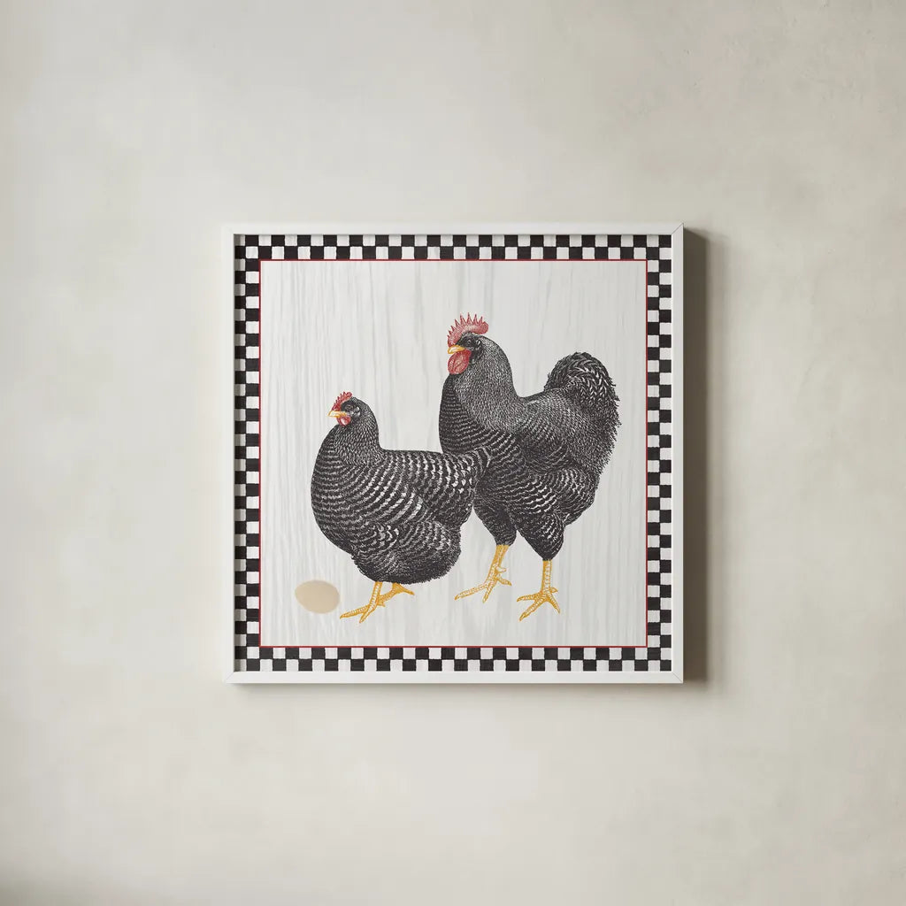 Home to Roost II by Wild Apple Portfolio. Shown in a crisp white glass frame for a clean and minimalist style. Available as an archival giclee rolled canvas, fine art paper, or poster print. SKU 30950a.