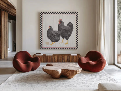 Home to Roost II by Wild Apple Portfolio. Shown as extra-large giant wall art in a modern living room. Available as an archival giclee rolled canvas, fine art paper, or poster print. SKU 30950a.