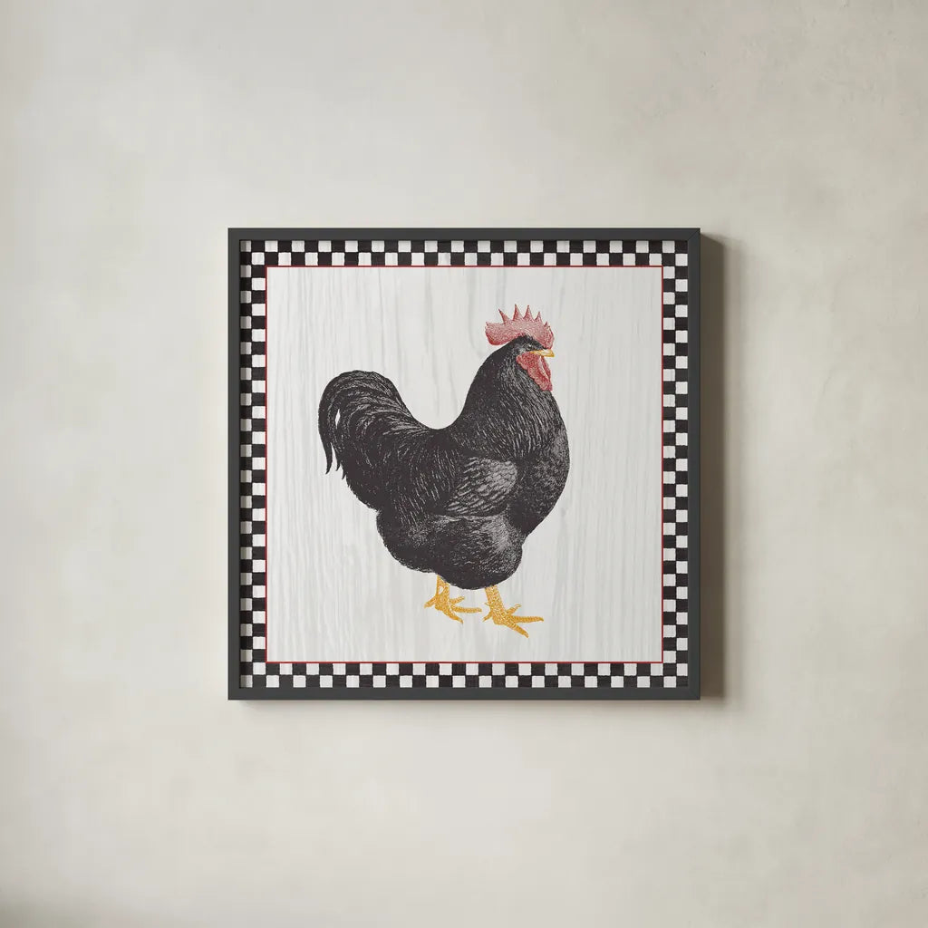 Home to Roost III by Wild Apple Portfolio. Shown in a sleek black glass frame for a contemporary gallery look. Available as an archival giclee rolled canvas, fine art paper, or poster print. SKU 30951a.