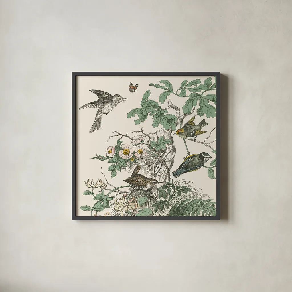 Honeybloom Bird III by Wild Apple Portfolio. Shown in a sleek black glass frame for a contemporary gallery look. Available as an archival giclee rolled canvas, fine art paper, or poster print. SKU 89360a.