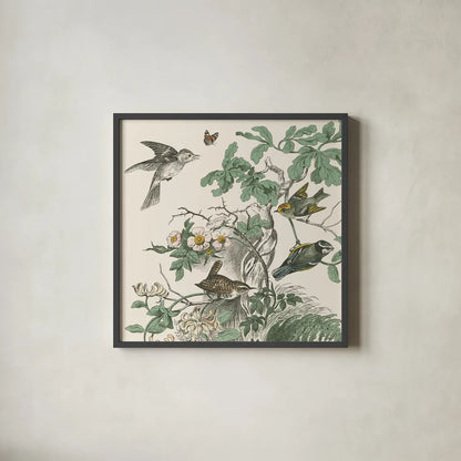 Honeybloom Bird III by Wild Apple Portfolio. Shown in a sleek black glass frame for a contemporary gallery look. Available as an archival giclee rolled canvas, fine art paper, or poster print. SKU 89360a.
