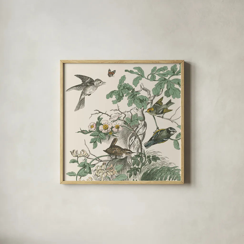Honeybloom Bird III by Wild Apple Portfolio. Shown in a natural wood glass frame for a timeless modern aesthetic. Available as an archival giclee rolled canvas, fine art paper, or poster print. SKU 89360a.