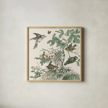 Honeybloom Bird III by Wild Apple Portfolio. Shown in a natural wood glass frame for a timeless modern aesthetic. Available as an archival giclee rolled canvas, fine art paper, or poster print. SKU 89360a.