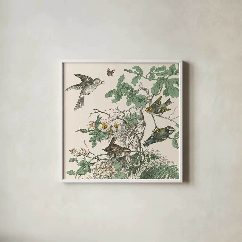 Honeybloom Bird III by Wild Apple Portfolio. Shown in a crisp white glass frame for a clean and minimalist style. Available as an archival giclee rolled canvas, fine art paper, or poster print. SKU 89360a.