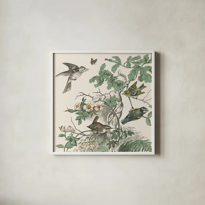 Honeybloom Bird III by Wild Apple Portfolio. Shown in a crisp white glass frame for a clean and minimalist style. Available as an archival giclee rolled canvas, fine art paper, or poster print. SKU 89360a.