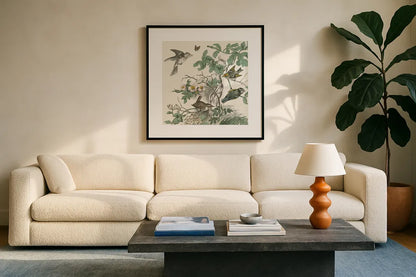 Honeybloom Bird III by Wild Apple Portfolio. Displayed in a glass frame with matte in a clean modern living room. Available as an archival giclee rolled canvas, fine art paper, or poster print. SKU 89360a.