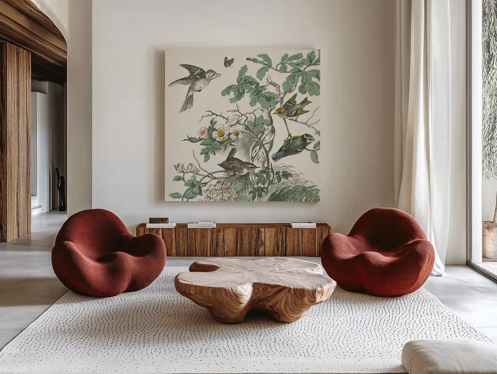Honeybloom Bird III by Wild Apple Portfolio. Shown as extra-large giant wall art in a modern living room. Available as an archival giclee rolled canvas, fine art paper, or poster print. SKU 89360a.