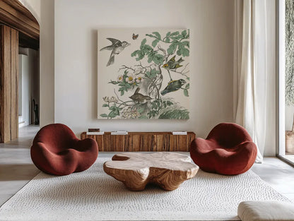 Honeybloom Bird III by Wild Apple Portfolio. Shown as extra-large giant wall art in a modern living room. Available as an archival giclee rolled canvas, fine art paper, or poster print. SKU 89360a.