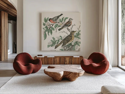 Honeybloom Bird IV by Wild Apple Portfolio. Shown as extra-large giant wall art in a modern living room. Available as an archival giclee rolled canvas, fine art paper, or poster print. SKU 89361a.