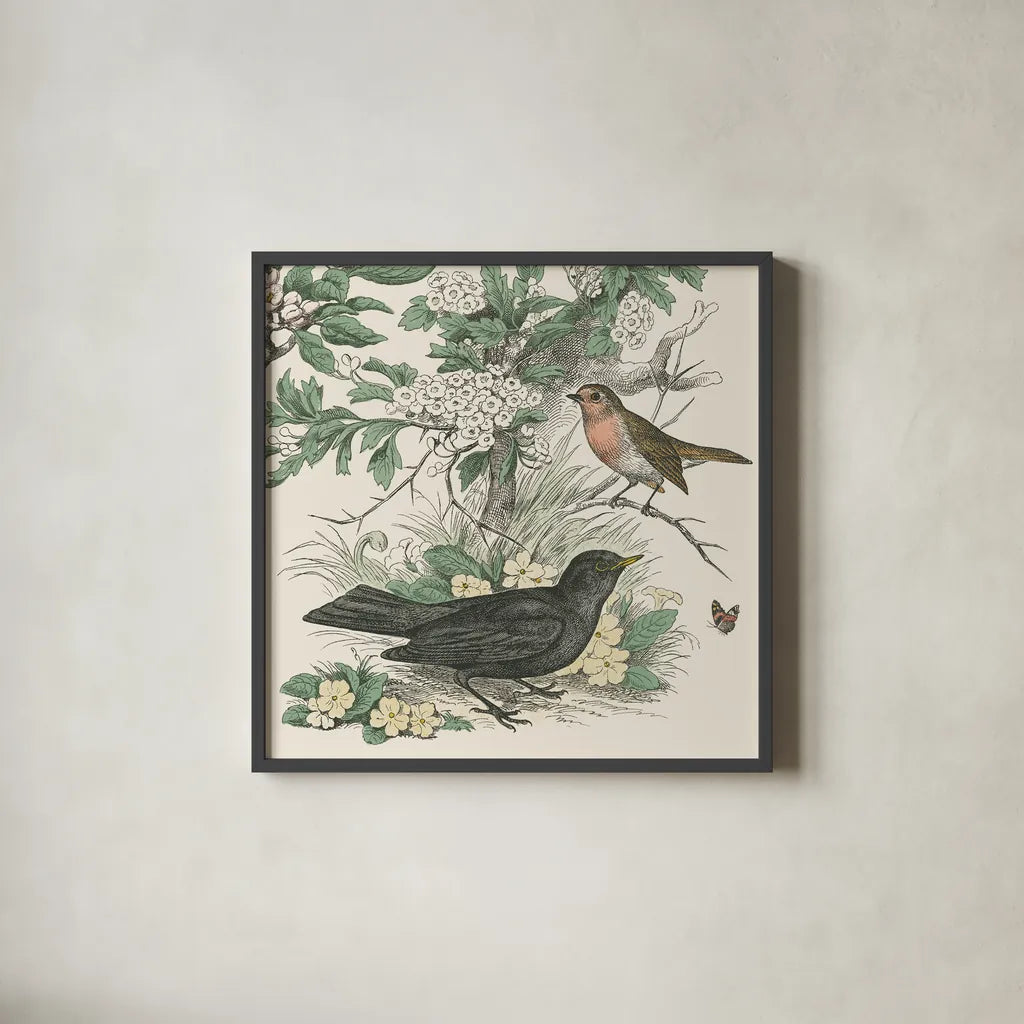 Honeybloom Bird V by Wild Apple Portfolio. Shown in a sleek black glass frame for a contemporary gallery look. Available as an archival giclee rolled canvas, fine art paper, or poster print. SKU 89362a.