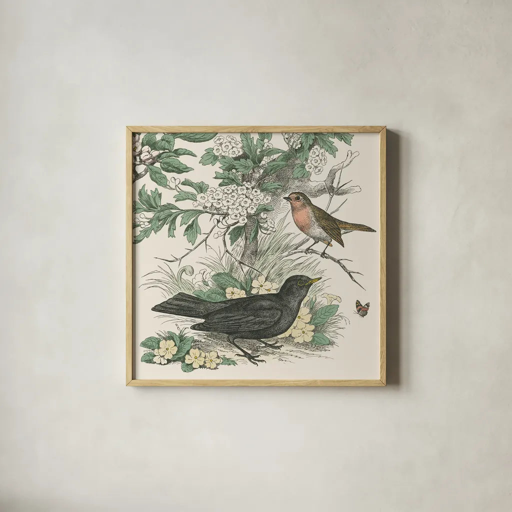 Honeybloom Bird V by Wild Apple Portfolio. Shown in a natural wood glass frame for a timeless modern aesthetic. Available as an archival giclee rolled canvas, fine art paper, or poster print. SKU 89362a.