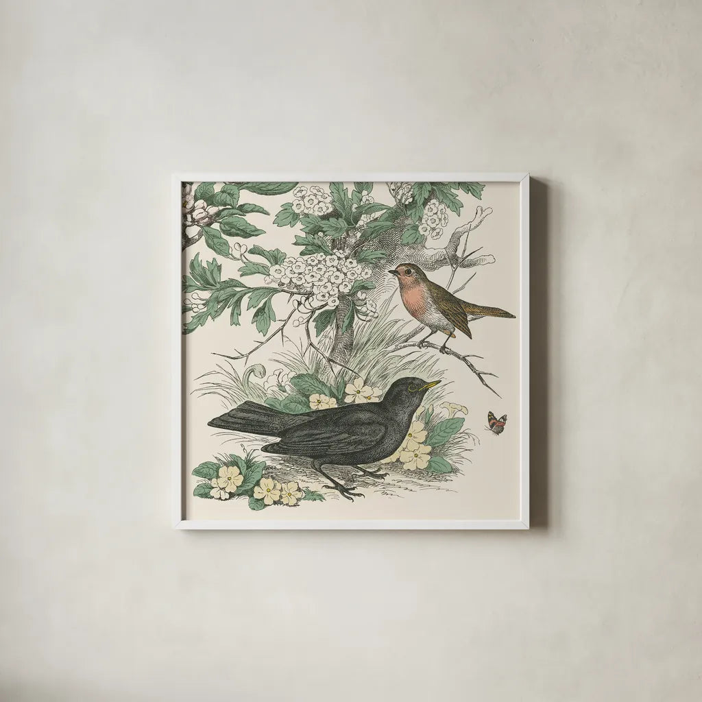 Honeybloom Bird V by Wild Apple Portfolio. Shown in a crisp white glass frame for a clean and minimalist style. Available as an archival giclee rolled canvas, fine art paper, or poster print. SKU 89362a.