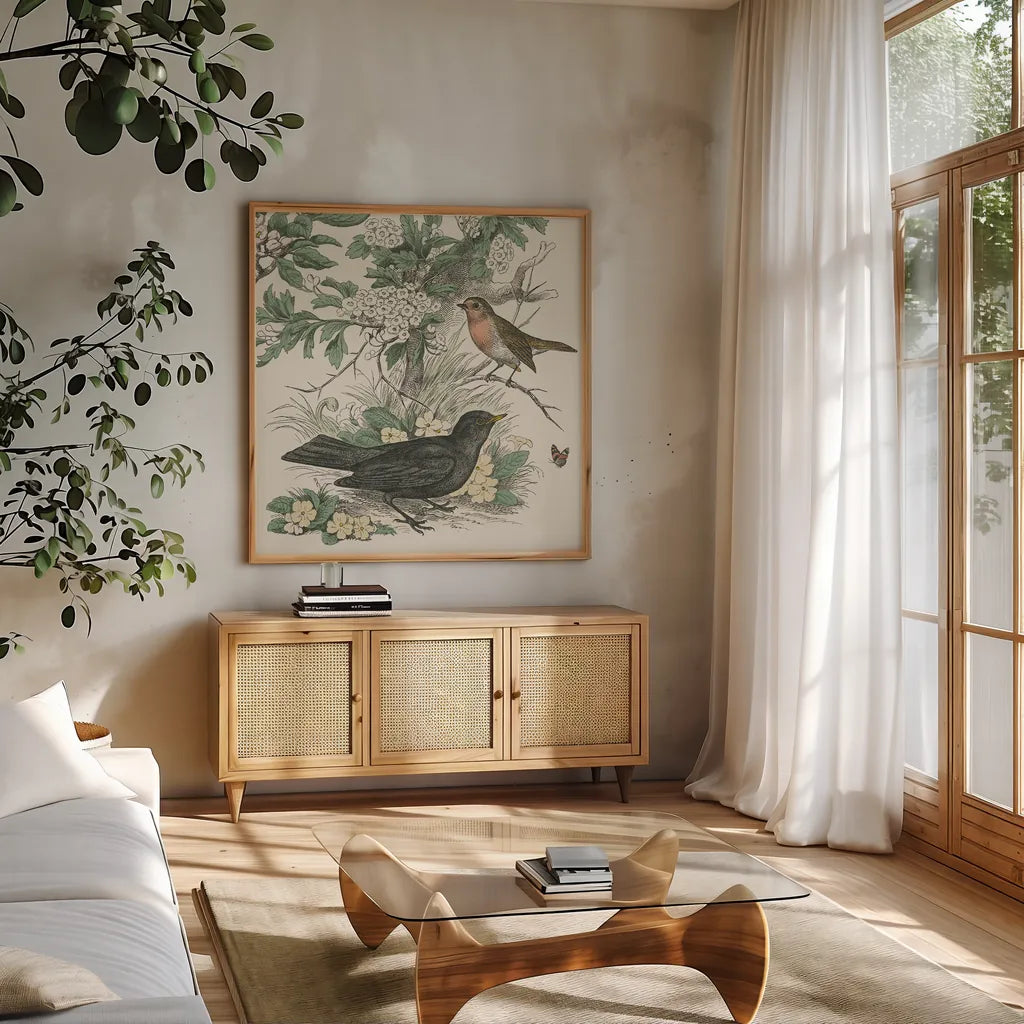 Honeybloom Bird V by Wild Apple Portfolio. Shown in a natural wood frame in a cozy modern living room. Available as an archival giclee rolled canvas, fine art paper, or poster print. SKU 89362a.