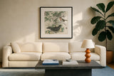 Honeybloom Bird V by Wild Apple Portfolio. Displayed in a glass frame with matte in a clean modern living room. Available as an archival giclee rolled canvas, fine art paper, or poster print. SKU 89362a.