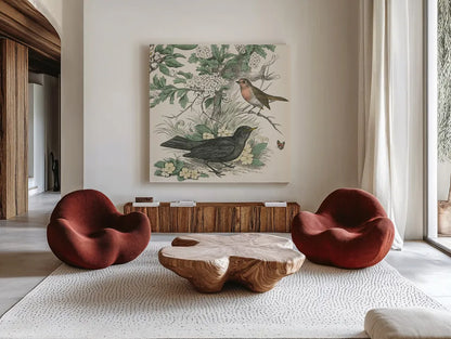 Honeybloom Bird V by Wild Apple Portfolio. Shown as extra-large giant wall art in a modern living room. Available as an archival giclee rolled canvas, fine art paper, or poster print. SKU 89362a.