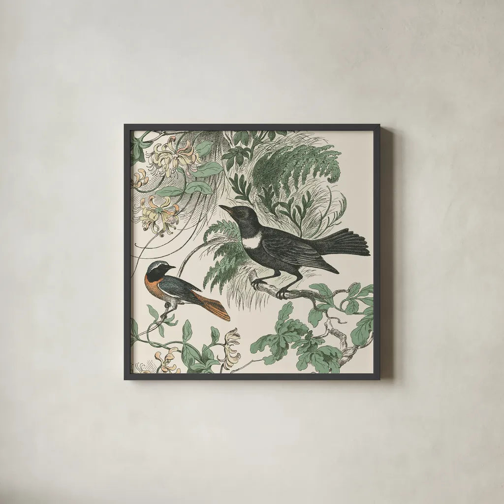 Honeybloom Bird VI by Wild Apple Portfolio. Shown in a sleek black glass frame for a contemporary gallery look. Available as an archival giclee rolled canvas, fine art paper, or poster print. SKU 89363a.