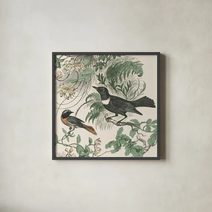 Honeybloom Bird VI by Wild Apple Portfolio. Shown in a sleek black glass frame for a contemporary gallery look. Available as an archival giclee rolled canvas, fine art paper, or poster print. SKU 89363a.