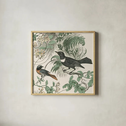 Honeybloom Bird VI by Wild Apple Portfolio. Shown in a natural wood glass frame for a timeless modern aesthetic. Available as an archival giclee rolled canvas, fine art paper, or poster print. SKU 89363a.