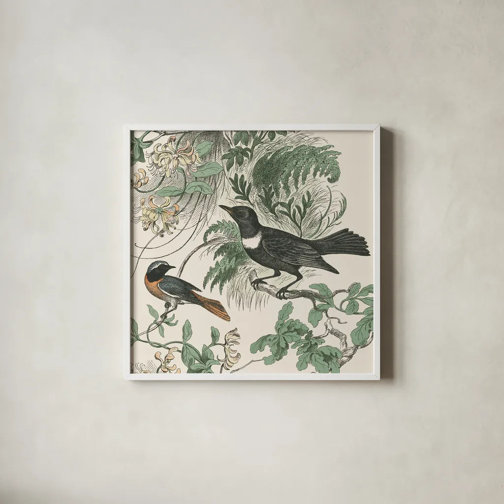 Honeybloom Bird VI by Wild Apple Portfolio. Shown in a crisp white glass frame for a clean and minimalist style. Available as an archival giclee rolled canvas, fine art paper, or poster print. SKU 89363a.