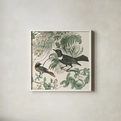 Honeybloom Bird VI by Wild Apple Portfolio. Shown in a crisp white glass frame for a clean and minimalist style. Available as an archival giclee rolled canvas, fine art paper, or poster print. SKU 89363a.