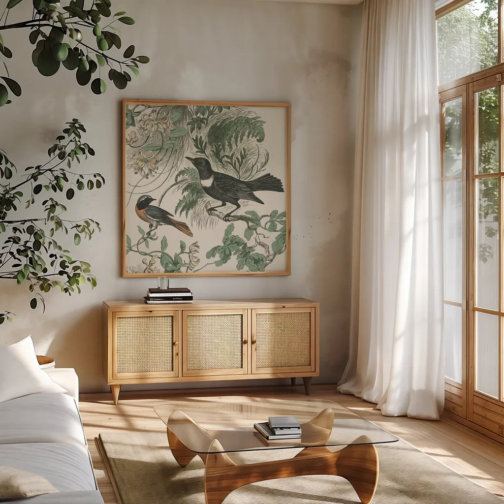 Honeybloom Bird VI by Wild Apple Portfolio. Shown in a natural wood frame in a cozy modern living room. Available as an archival giclee rolled canvas, fine art paper, or poster print. SKU 89363a.