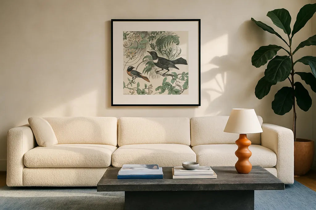 Honeybloom Bird VI by Wild Apple Portfolio. Displayed in a glass frame with matte in a clean modern living room. Available as an archival giclee rolled canvas, fine art paper, or poster print. SKU 89363a.