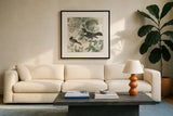 Honeybloom Bird VI by Wild Apple Portfolio. Displayed in a glass frame with matte in a clean modern living room. Available as an archival giclee rolled canvas, fine art paper, or poster print. SKU 89363a.