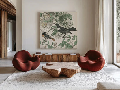 Honeybloom Bird VI by Wild Apple Portfolio. Shown as extra-large giant wall art in a modern living room. Available as an archival giclee rolled canvas, fine art paper, or poster print. SKU 89363a.