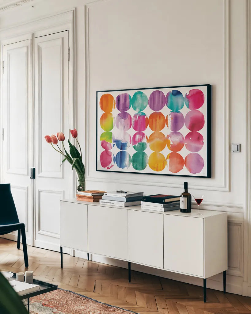 Horizontal Spring Dots by Wild Apple Portfolio. shown as a framed stretched canvas in a living room above a console. Available as a archival giclee rolled canvas, fine art paper, or poster print. SKU 68929i.