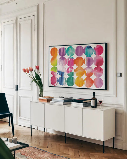 Horizontal Spring Dots by Wild Apple Portfolio. shown as a framed stretched canvas in a living room above a console. Available as a archival giclee rolled canvas, fine art paper, or poster print. SKU 68929i.