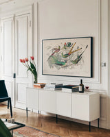 Hummingbirds Chart by Wild Apple Portfolio. shown as a framed stretched canvas in a living room above a console. Available as a archival giclee rolled canvas, fine art paper, or poster print. SKU 74485i.