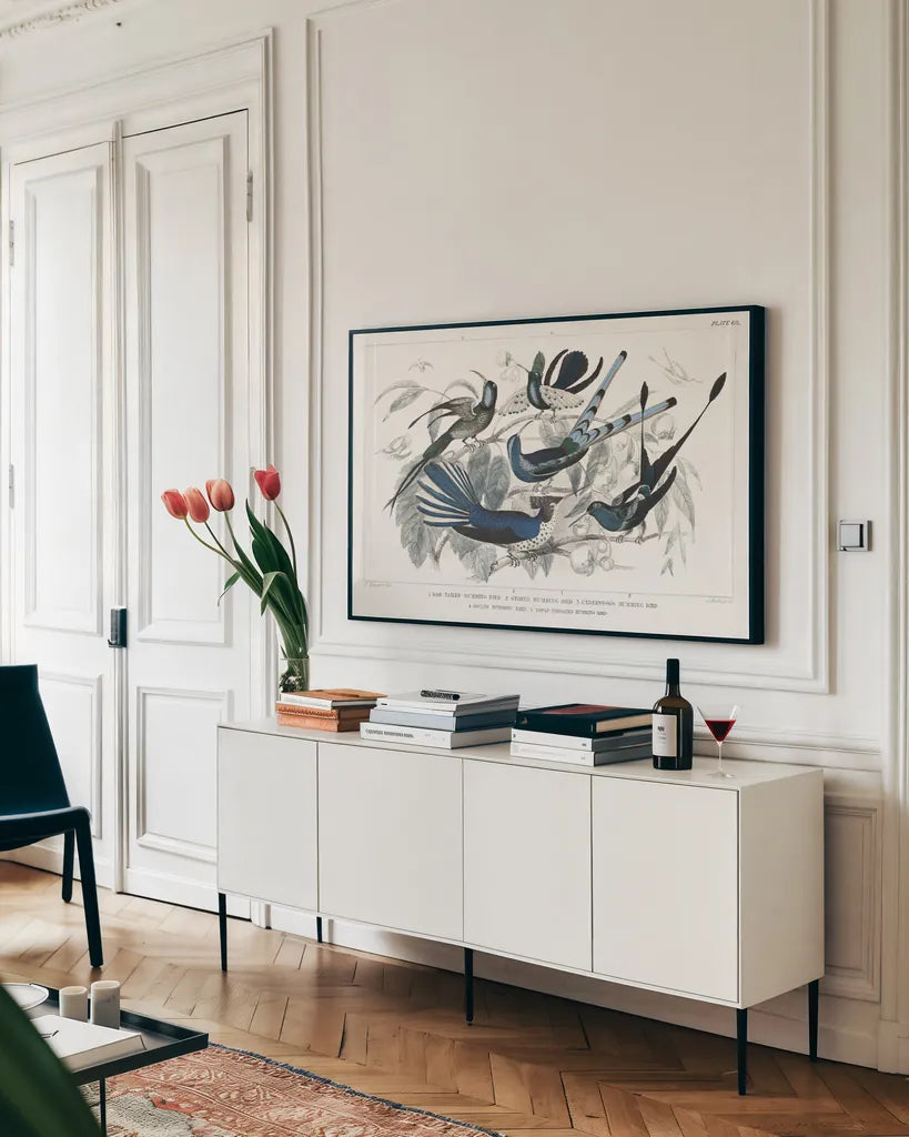 Hummingbirds Chart Providence by Wild Apple Portfolio. shown as a framed stretched canvas in a living room above a console. Available as a archival giclee rolled canvas, fine art paper, or poster print. SKU 79438i.