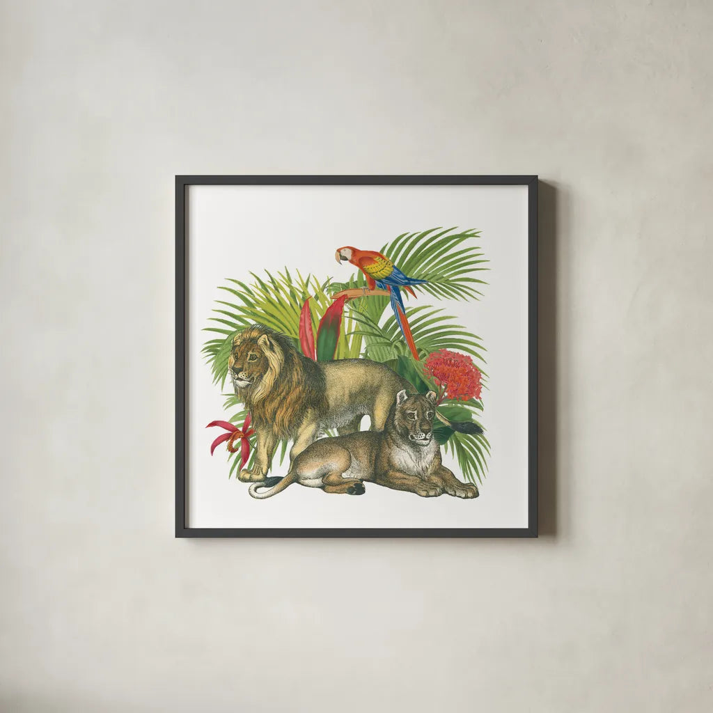 In the Jungle II by Wild Apple Portfolio. Shown in a sleek black glass frame for a contemporary gallery look. Available as an archival giclee rolled canvas, fine art paper, or poster print. SKU 53964a.