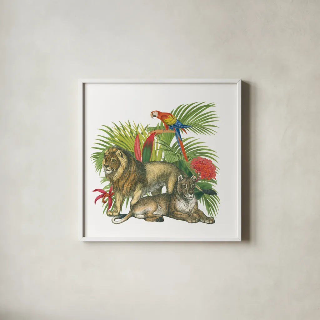 In the Jungle II by Wild Apple Portfolio. Shown in a crisp white glass frame for a clean and minimalist style. Available as an archival giclee rolled canvas, fine art paper, or poster print. SKU 53964a.