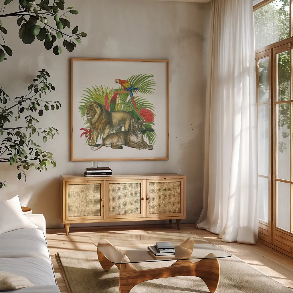 In the Jungle II by Wild Apple Portfolio. Shown in a natural wood frame in a cozy modern living room. Available as an archival giclee rolled canvas, fine art paper, or poster print. SKU 53964a.