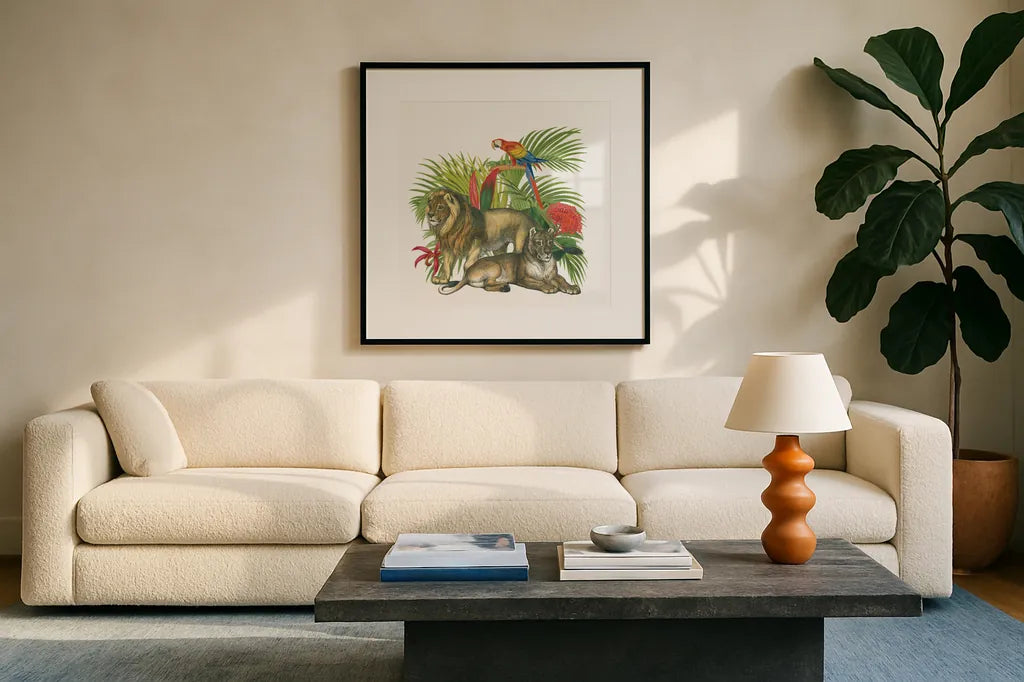 In the Jungle II by Wild Apple Portfolio. Displayed in a glass frame with matte in a clean modern living room. Available as an archival giclee rolled canvas, fine art paper, or poster print. SKU 53964a.