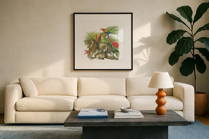 In the Jungle II by Wild Apple Portfolio. Displayed in a glass frame with matte in a clean modern living room. Available as an archival giclee rolled canvas, fine art paper, or poster print. SKU 53964a.
