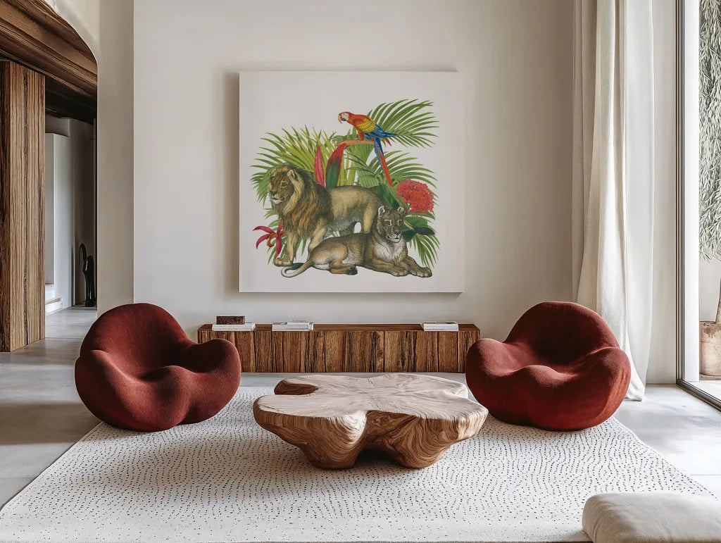 In the Jungle II by Wild Apple Portfolio. Shown as extra-large giant wall art in a modern living room. Available as an archival giclee rolled canvas, fine art paper, or poster print. SKU 53964a.