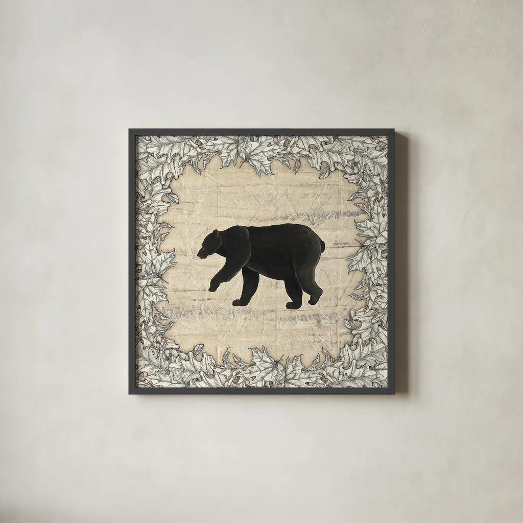 In the Woods Bear by Wild Apple Portfolio. Shown in a sleek black glass frame for a contemporary gallery look. Available as an archival giclee rolled canvas, fine art paper, or poster print. SKU 19667a.