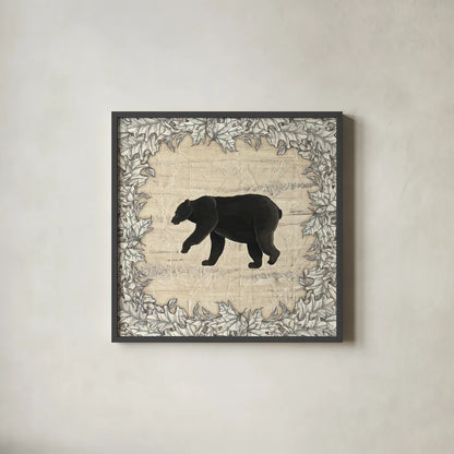 In the Woods Bear by Wild Apple Portfolio. Shown in a sleek black glass frame for a contemporary gallery look. Available as an archival giclee rolled canvas, fine art paper, or poster print. SKU 19667a.