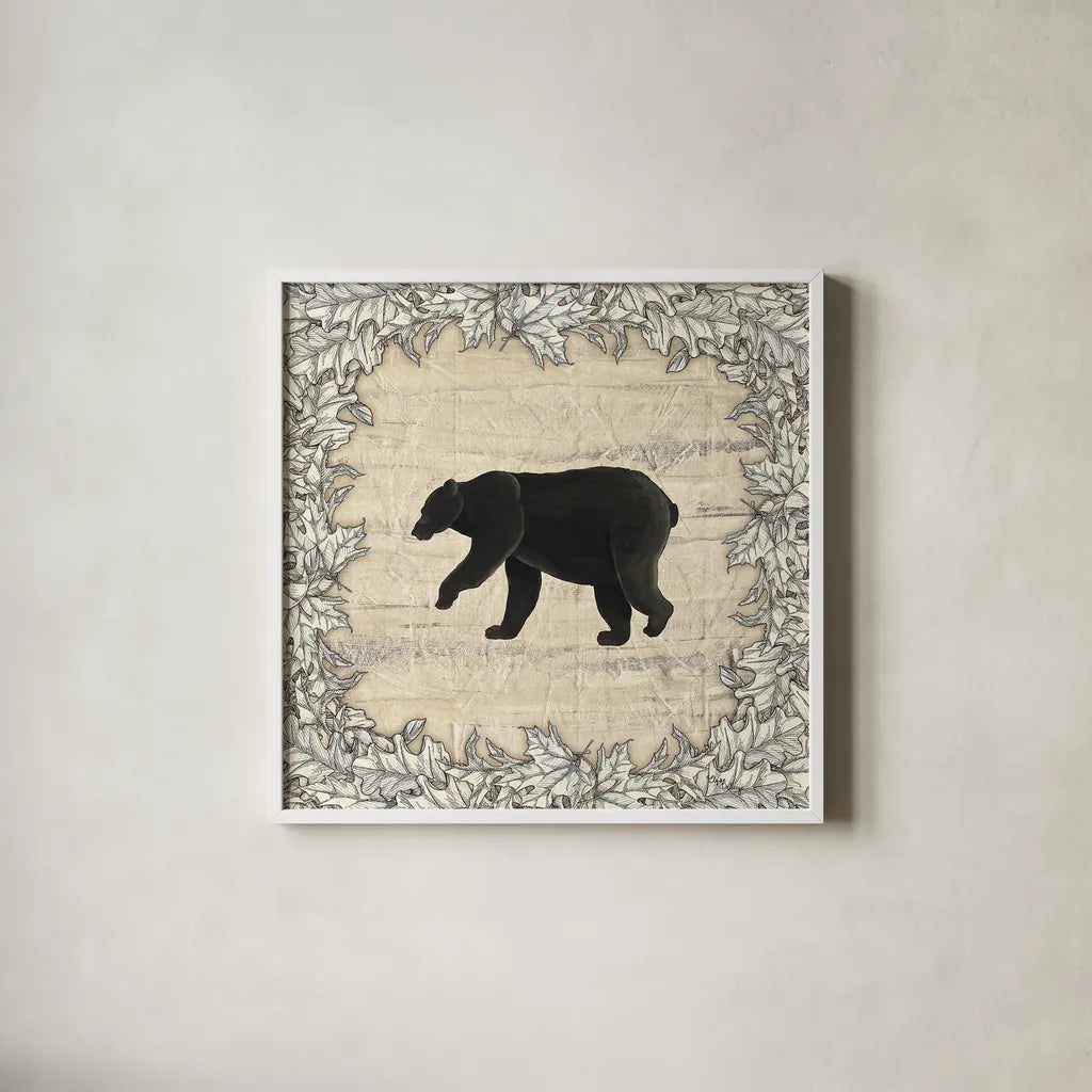 In the Woods Bear by Wild Apple Portfolio. Shown in a crisp white glass frame for a clean and minimalist style. Available as an archival giclee rolled canvas, fine art paper, or poster print. SKU 19667a.