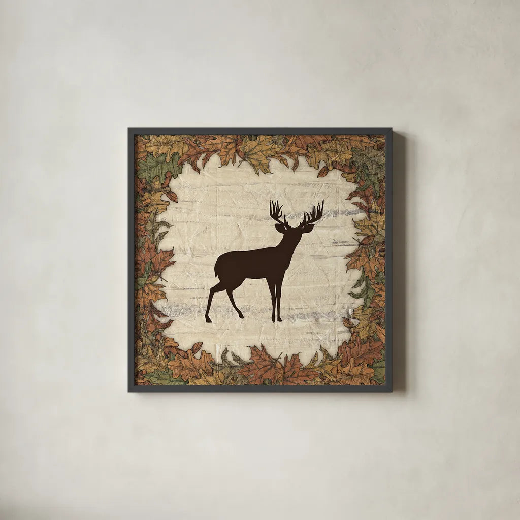 In the Woods Harvest Deer by Wild Apple Portfolio. Shown in a sleek black glass frame for a contemporary gallery look. Available as an archival giclee rolled canvas, fine art paper, or poster print. SKU 19662a.