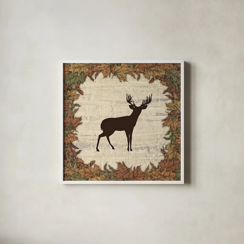 In the Woods Harvest Deer by Wild Apple Portfolio. Shown in a crisp white glass frame for a clean and minimalist style. Available as an archival giclee rolled canvas, fine art paper, or poster print. SKU 19662a.