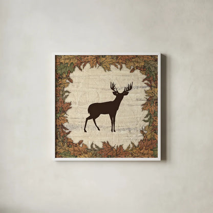 In the Woods Harvest Deer by Wild Apple Portfolio. Shown in a crisp white glass frame for a clean and minimalist style. Available as an archival giclee rolled canvas, fine art paper, or poster print. SKU 19662a.
