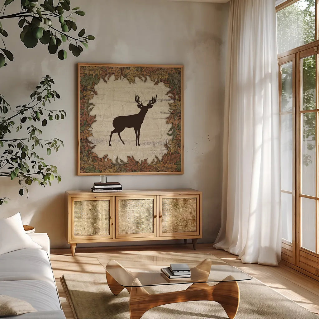 In the Woods Harvest Deer by Wild Apple Portfolio. Shown in a natural wood frame in a cozy modern living room. Available as an archival giclee rolled canvas, fine art paper, or poster print. SKU 19662a.