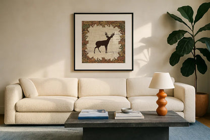 In the Woods Harvest Deer by Wild Apple Portfolio. Displayed in a glass frame with matte in a clean modern living room. Available as an archival giclee rolled canvas, fine art paper, or poster print. SKU 19662a.