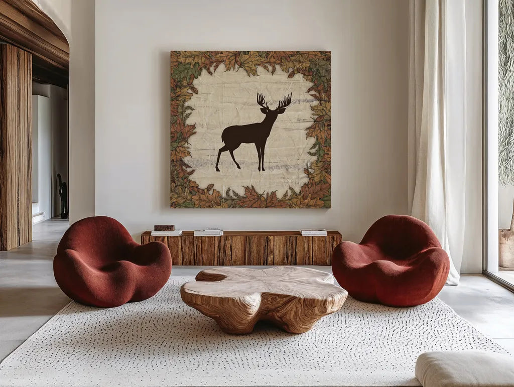 In the Woods Harvest Deer by Wild Apple Portfolio. Shown as extra-large giant wall art in a modern living room. Available as an archival giclee rolled canvas, fine art paper, or poster print. SKU 19662a.