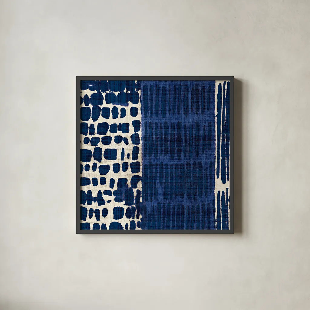 Indigo Batik I by Wild Apple Portfolio. Shown in a sleek black glass frame for a contemporary gallery look. Available as an archival giclee rolled canvas, fine art paper, or poster print. SKU 16448a.