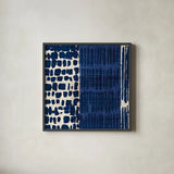 Indigo Batik I by Wild Apple Portfolio. Shown in a sleek black glass frame for a contemporary gallery look. Available as an archival giclee rolled canvas, fine art paper, or poster print. SKU 16448a.